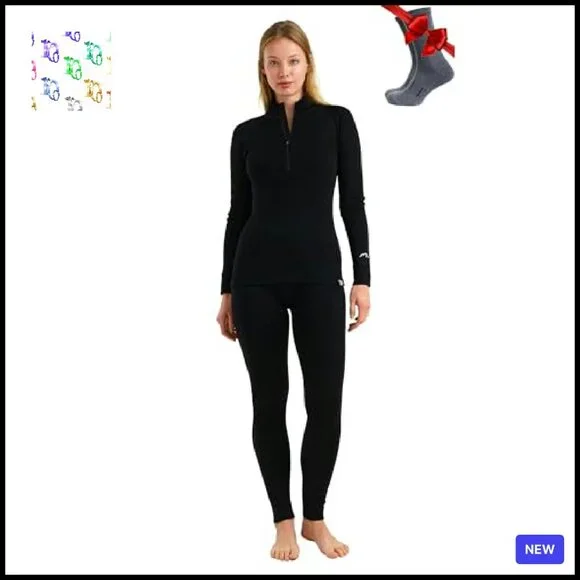Merino Wool Base Layer Set Zip-Up Thermal Top Bottom Heavyweight - Picture 2 of 8